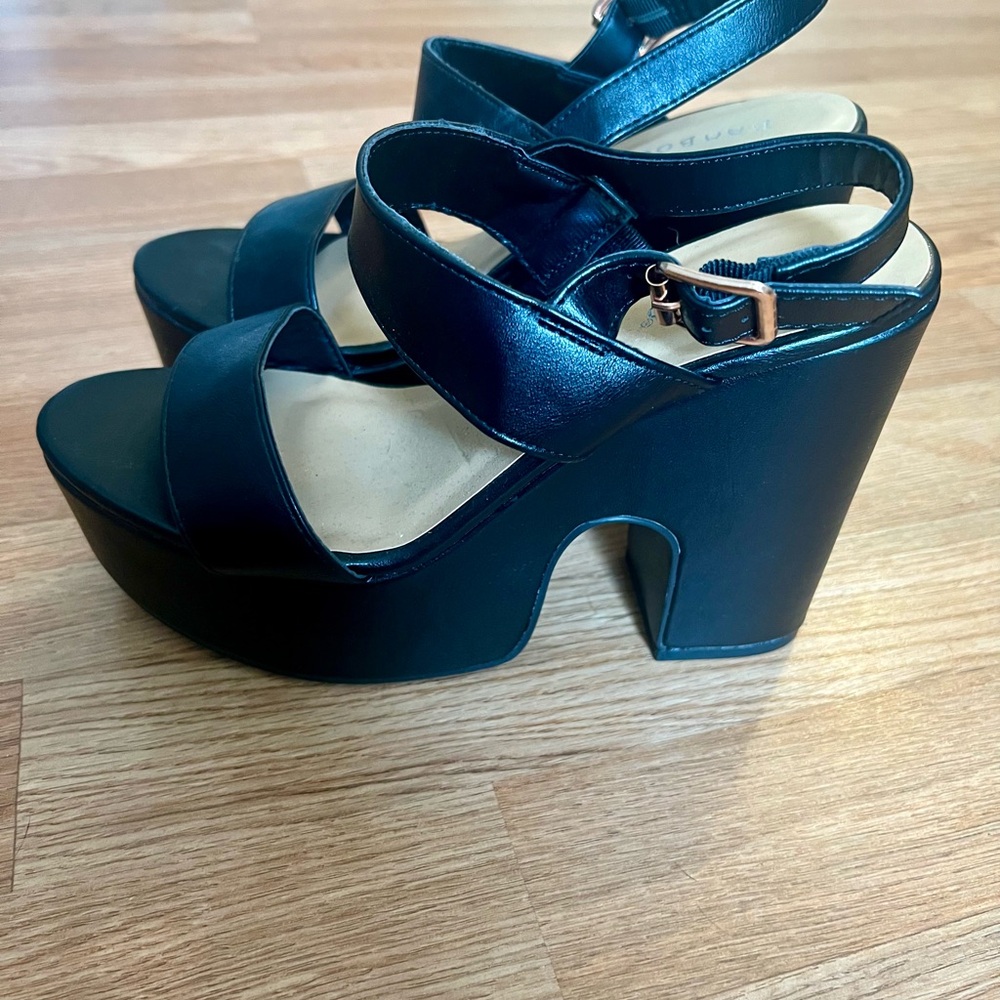 BAMBOO Black Wedge Sandals with Ankle Strap